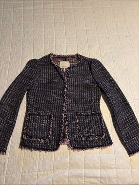 Rebecca Taylor Navy and Pink Tweed Fringe Jacket